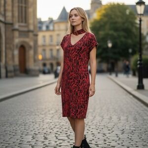 Stark X Red Animal Print Choker Neck Midi Dress Leopard V-Neck Medium